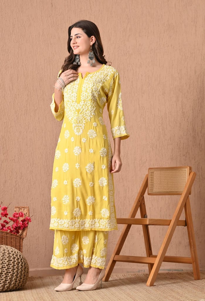 Hand Embroidered Chikankari Plazo Set 3d Work- Yellow