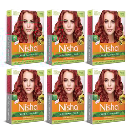 Nisha Creme Hair Color Cherry Red 40g Pack of 6, Permanent Hair Color for Women Men, 100% Grey Coverage