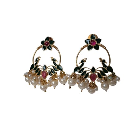 Anvaya Collections Traditional Peacock Design Hoop Earrings with Pearls, Green Enamel, pink Stones