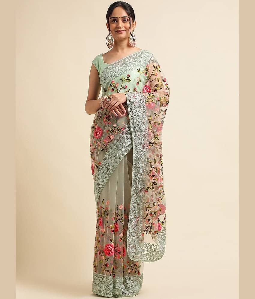 JULEE Net Embroidered Saree With Unstitched Blouse Piece ( LightGreen )