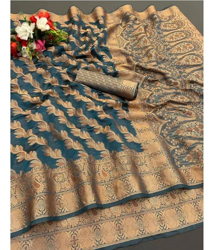 Gullak Organza Embellished Saree With Unstitched Blouse Piece ( Teal )