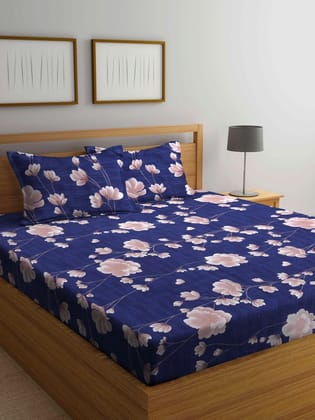 Blue & Brown Floral 300 TC King Bedsheet with 2 Pillow Covers