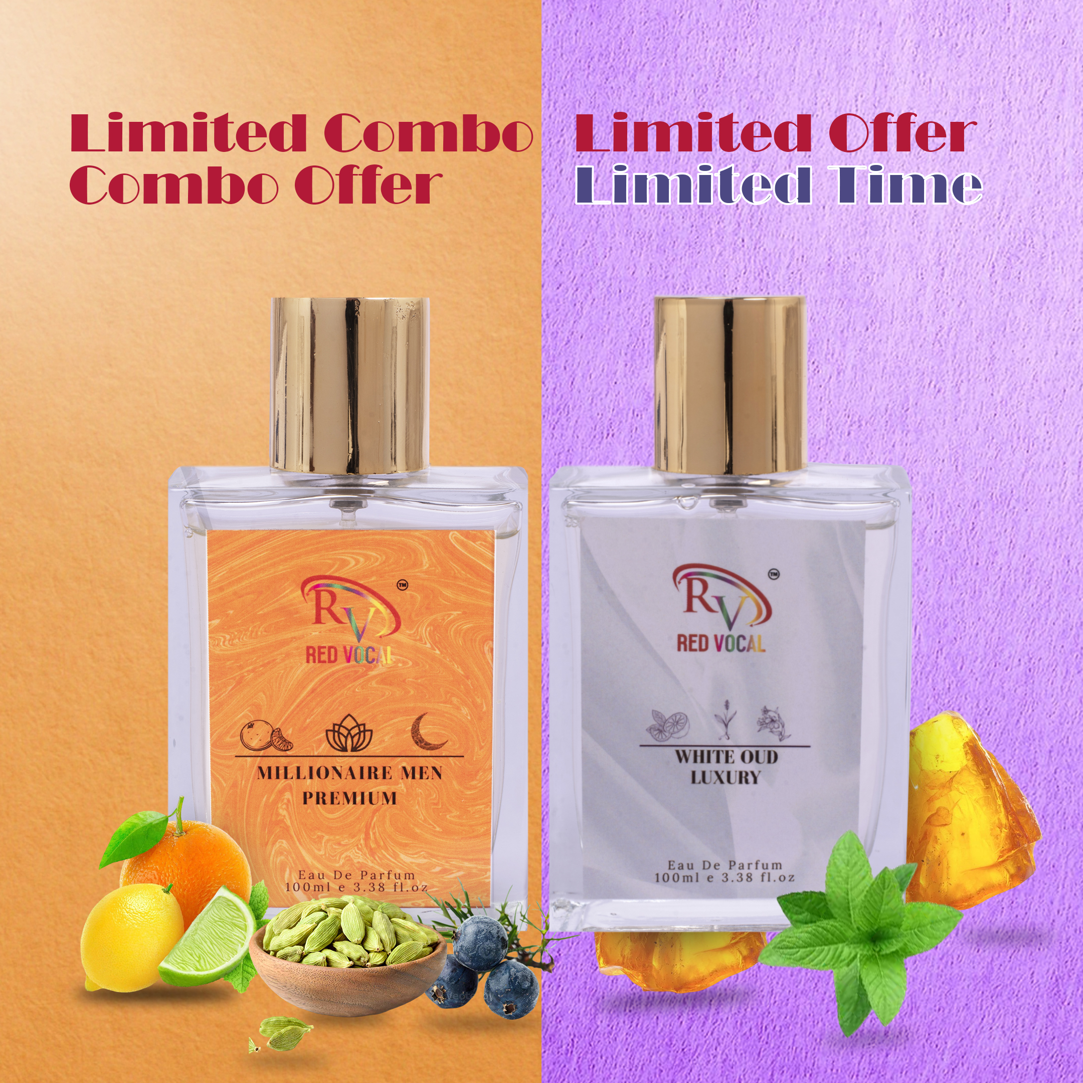 Red Vocal Millionaire Men Premium (Men) with White Oud Luxury (Unisex) 100ml Perfume Spray Combo – 2 x 100ml