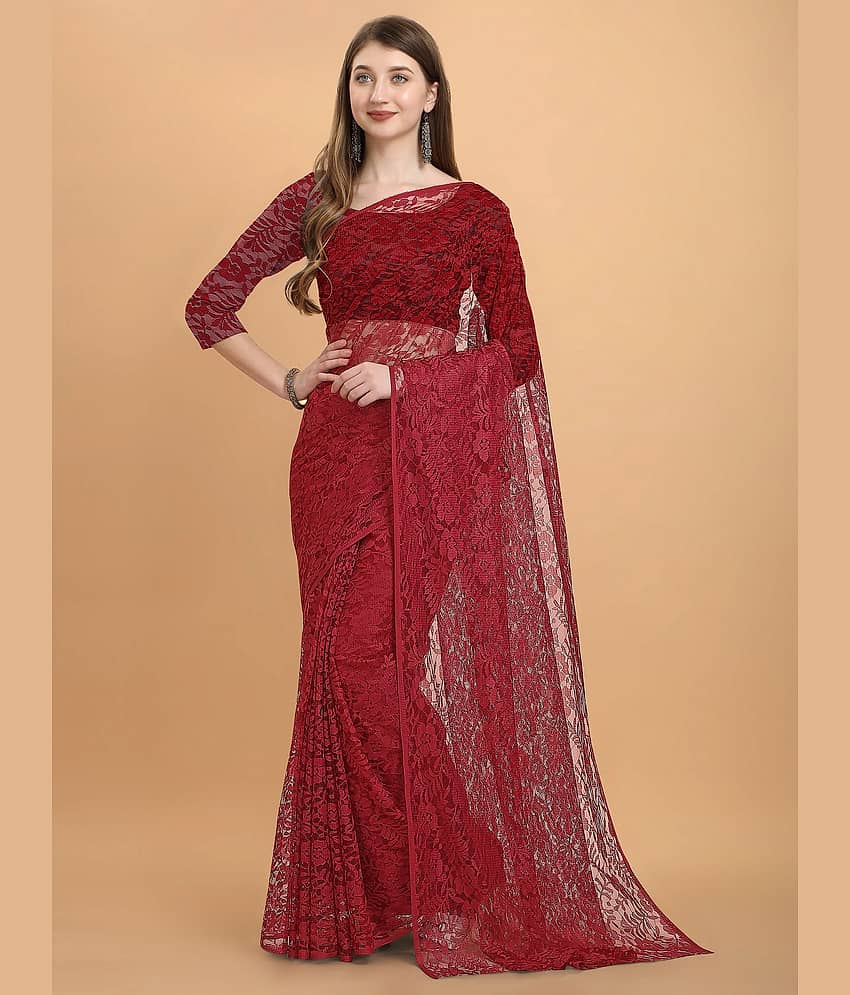 VANRAJ CREATION Brasso Self Design Saree With Unstitched Blouse Piece ( Maroon )