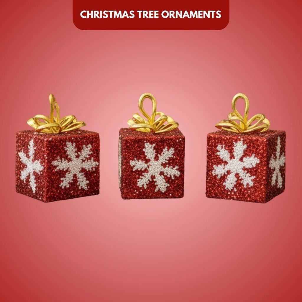 Christmas Gift Box with Red Glitter & Snowflakes - Set of 3 - Party and Festive Needs | Buy online on ZillyBuy