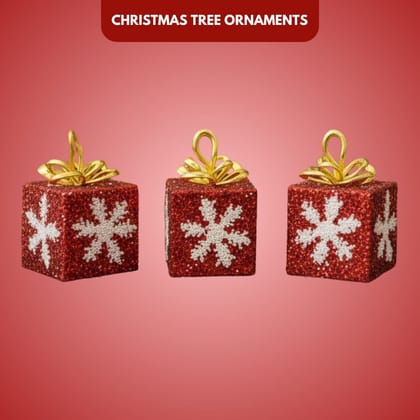 Christmas Gift Box with Red Glitter & Snowflakes - Set of 3