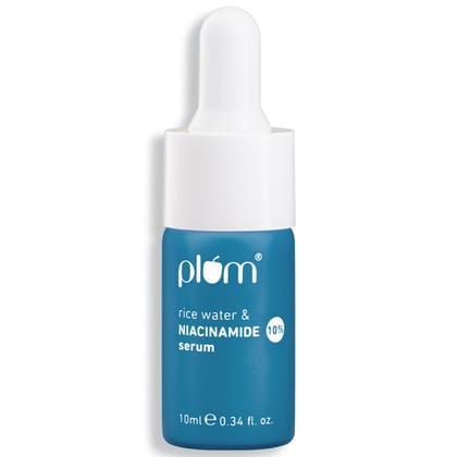 Plum 10% Niacinamide Serum with Rice Water | Provides Clear, Glowing & Brightening Skin | for Acne Prone, Combination, Oily & Sensitive Skin | Oil Control & Anti Acne Face Serum for Women & Men | 10ml Plum 10% Niacinamide Serum with Rice Water | Provides
