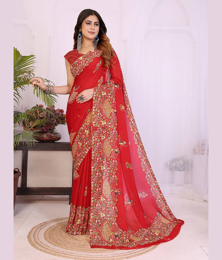 TTH Georgette Printed Regular Saree With Unstitched Blouse Piece ( Red )