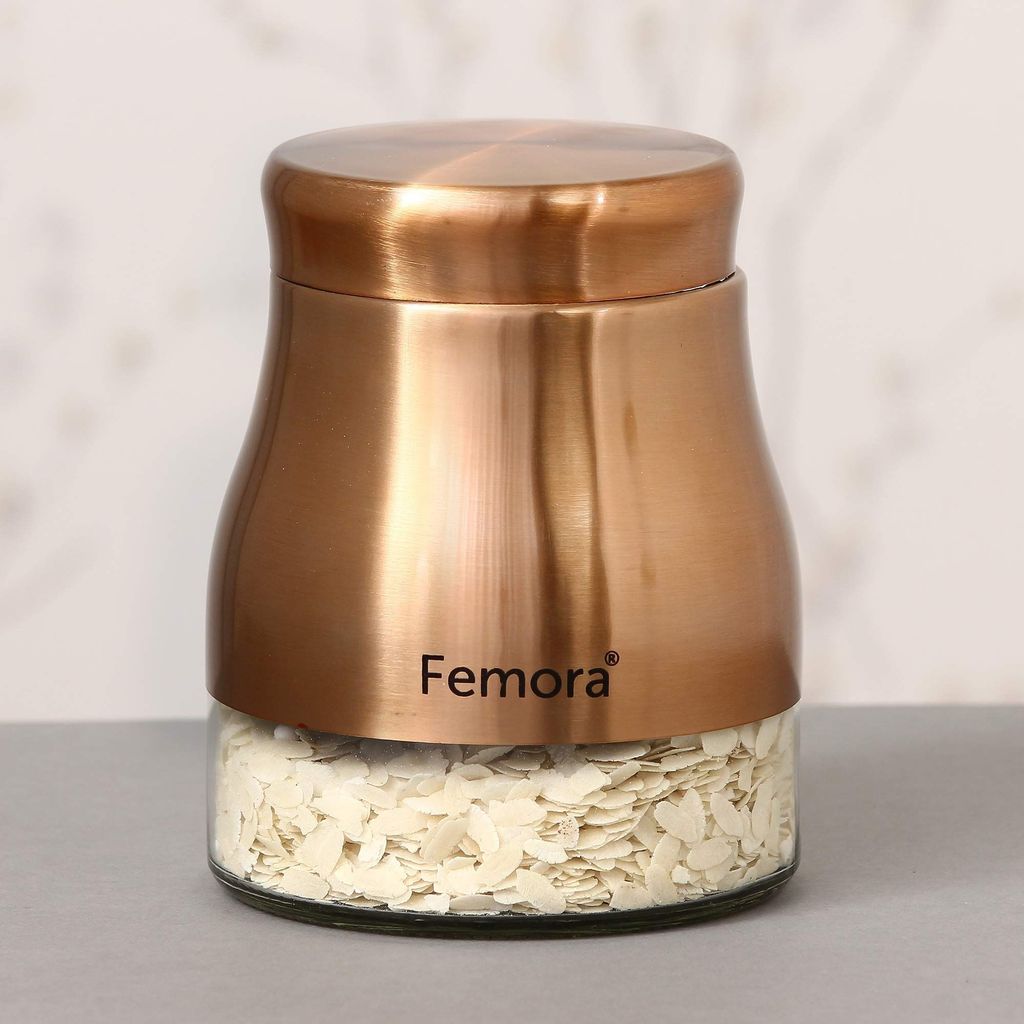 Femora Clear Glass Gold Metallic Steel Glass Jars Tea Sugar Jar Container Cereal, Spices, Pulses Container Spice Jar for Kitchen Storage Jars for Kitchen Storage, 900ML, Free Replacement of Lids