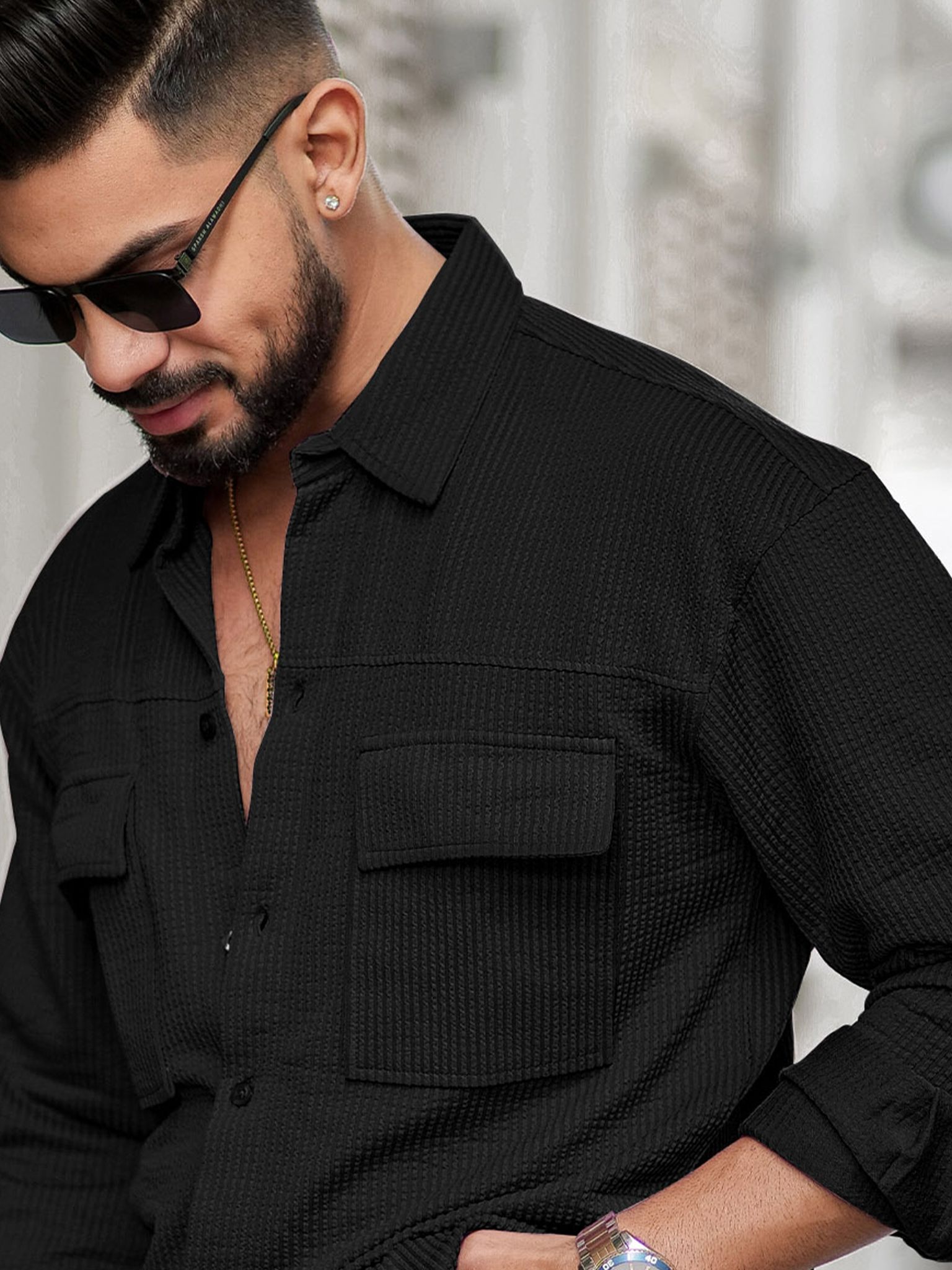 Elliot Cargo Knit Black Lycra Full Sleeve Shirt-S / Black
