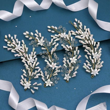 White Color Assorted Design 4 Pieces Of Hair Brooch (HRPCMB264)-Length: 18.00 CM x Width: 5.50 CM / White / Alloy With Good Quality GoldPlated