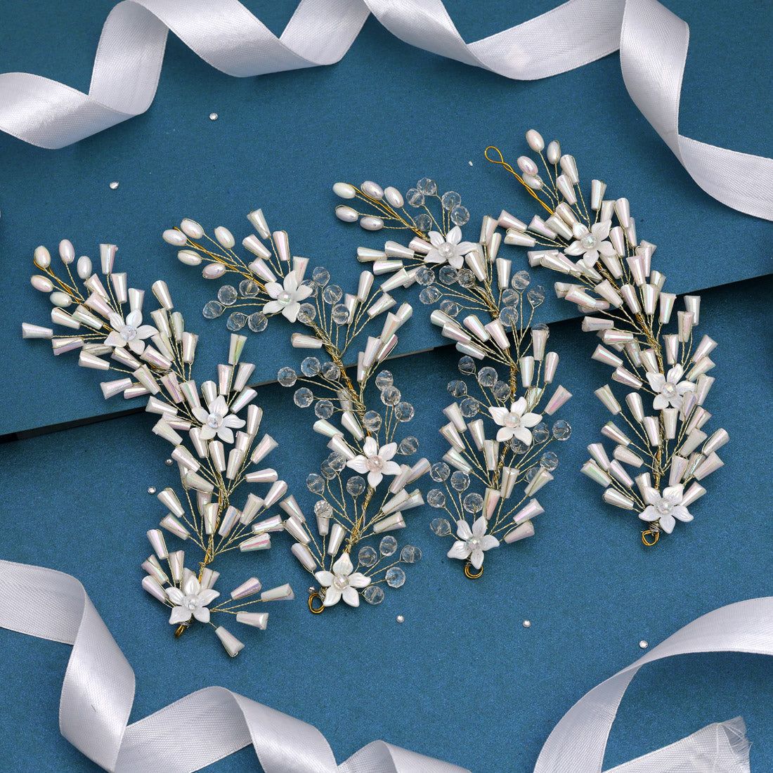 White Color Assorted Design 4 Pieces Of Hair Brooch (HRPCMB264)-Length: 18.00 CM x Width: 5.50 CM / White / Alloy With Good Quality GoldPlated