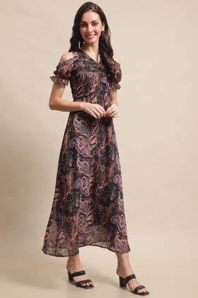 Black Abstract Printed Georgette Ethnic Motifs Dress For Women-XS