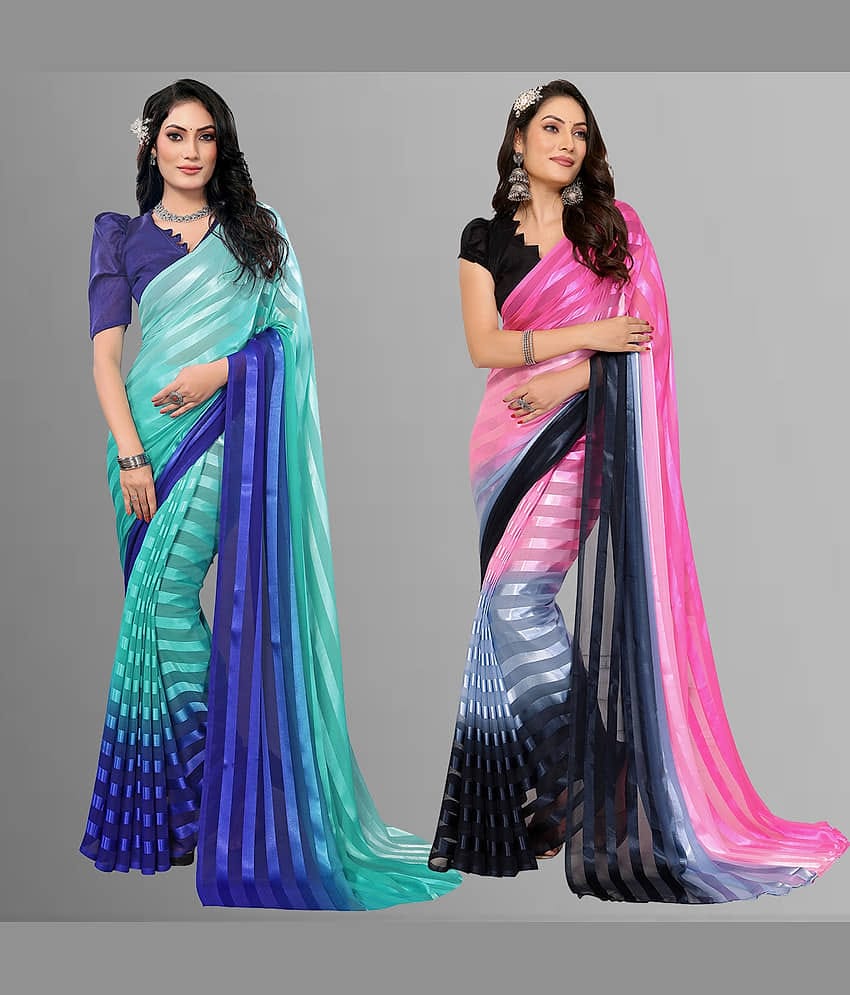 Kashvi Sarees Satin Striped Saree With Unstitched Blouse Piece ( Multicolor )