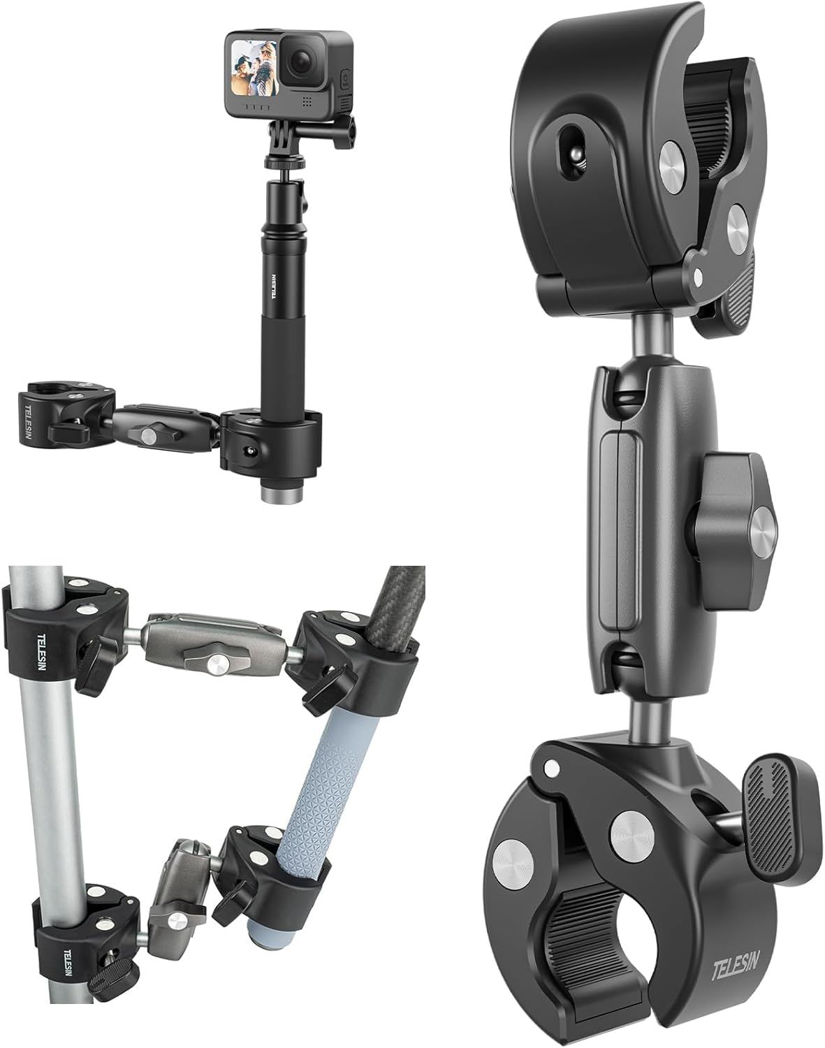 TELESIN 360 Dual Ball Clamp Mount, Bike Handlebar Stick Pole Mount Holder Accessories for GoPro 13 12 11 10 9 DJI Action 5 Pro Action 4/3 Osmo Pocket 3 Insta360 X5 X4 Go3 Ace Pro 2 (Metal Dual Ball) TELESIN 360 Dual Ball Clamp Mount, Bike Handlebar Stick