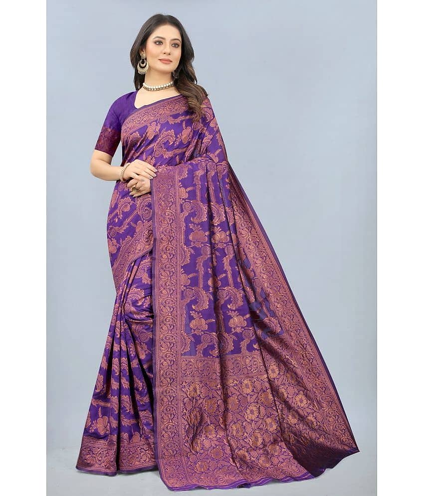 NENCY FASHION Banarasi Silk Embellished Saree With Unstitched Blouse Piece ( Indigo )