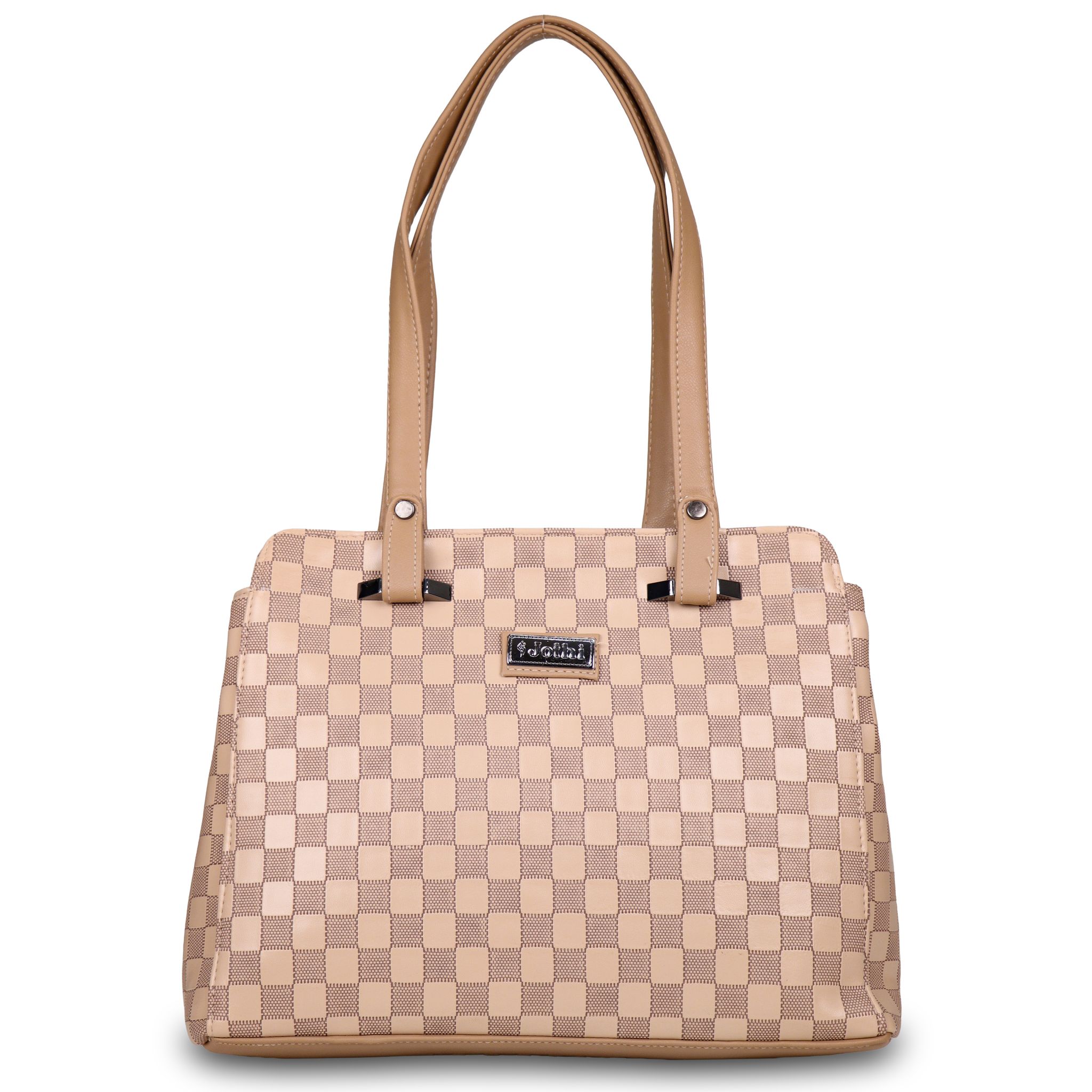 Jothi LuxeCheck Premium Womens Handbag | Multi-Compartment Synthetic Leather Tote | Checkered Woven Texture | Matte Finish | Water-Resistant | Soft Base | Beige