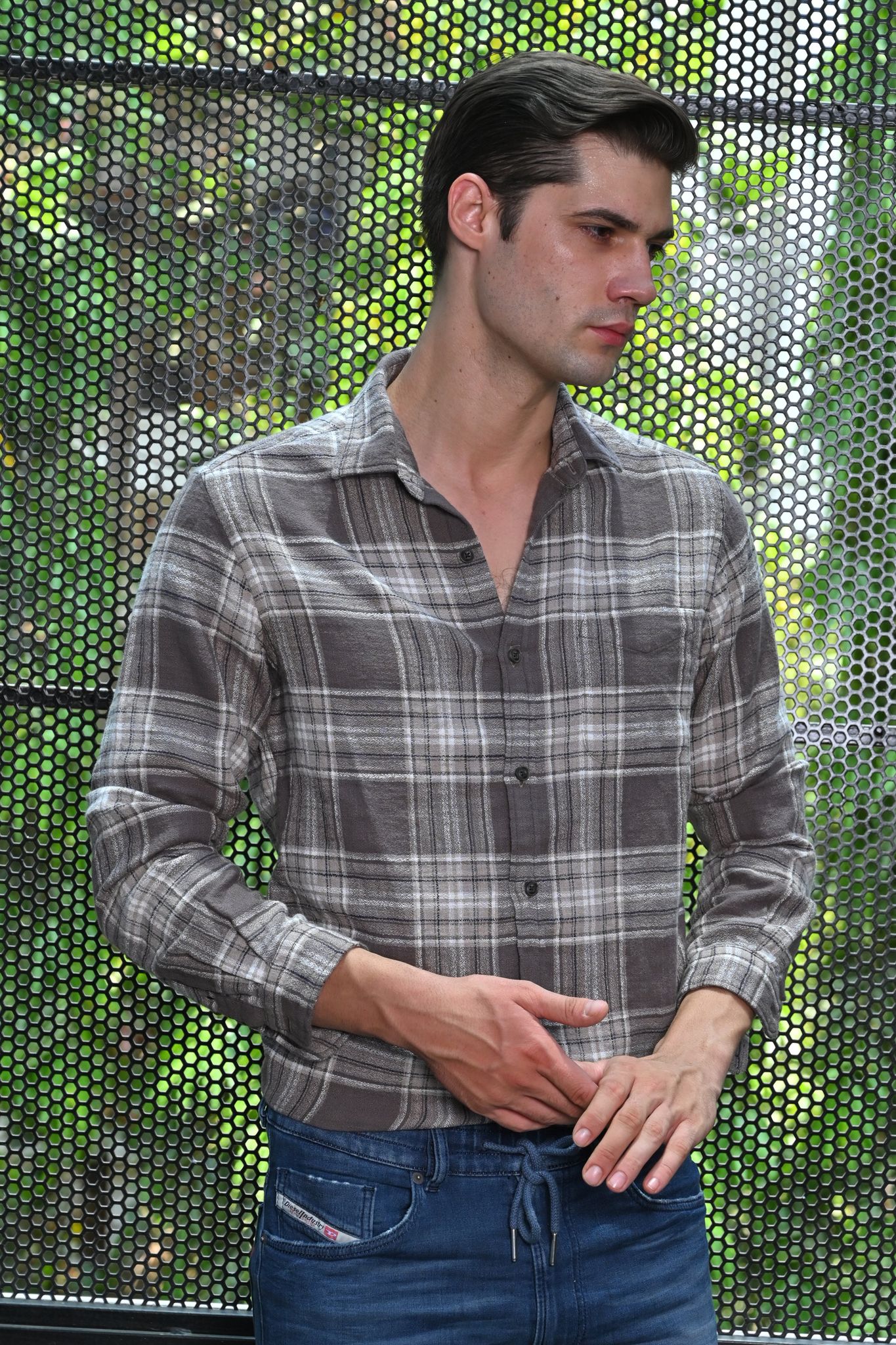 Harvy - Cotton Check Shirt - Brown-S-38 / BROWN