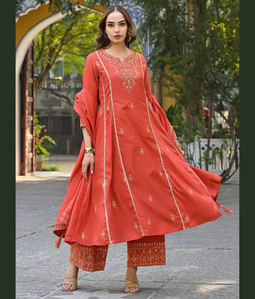 Vaamsi Silk Blend Embellished Kurti With Palazzo Women's Stitched Salwar Suit - Orange ( Pack of 1 )