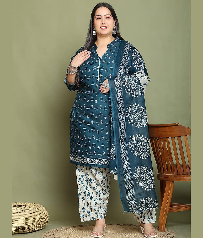 Rajnandini Cotton Blend Printed Kurti With Palazzo Women's Stitched Salwar Suit - Green ( Pack of 1 )