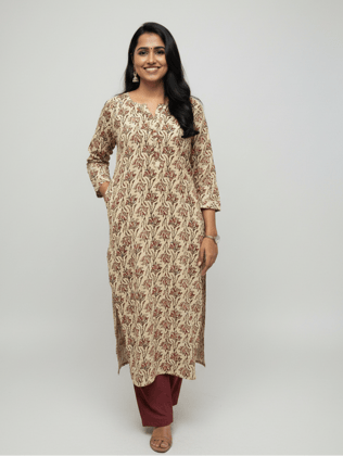 Rivaaj Ethnic Trisha Handblock Print Kurta (Maroon, L) | Pure Cotton Straight Fit | Elegant Indian Wear | Round Neck & 3/4 Sleeves