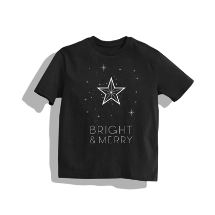 Bright & Merry T-Shirt - Round Neck Drop Shoulder Graphic Printed Oversized tCotton T-shirt-S / Black