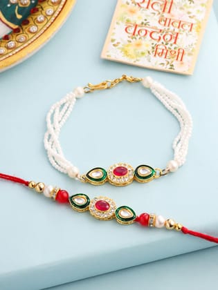 NVR Set of 2 Multicolor Oval Shape Kundan Studded & Beads Bhaiya Bhabhi Rakhi with Roli Chawal Chandan & Mishri-One Size / Multicolor