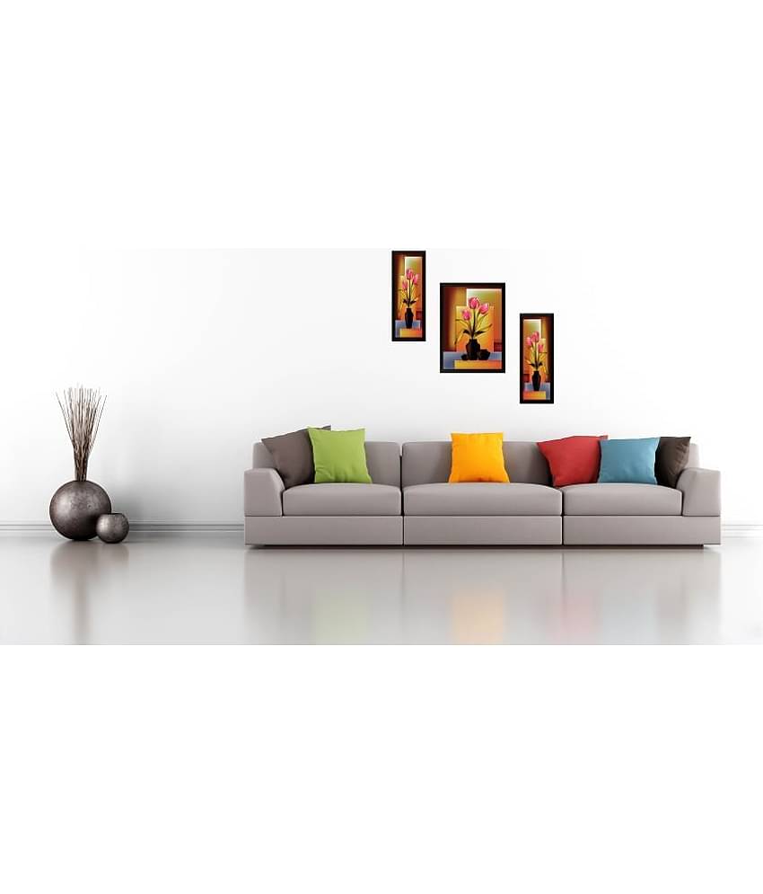 SAF Set of 3 Flowers Wood Painting With Frame Set of 3