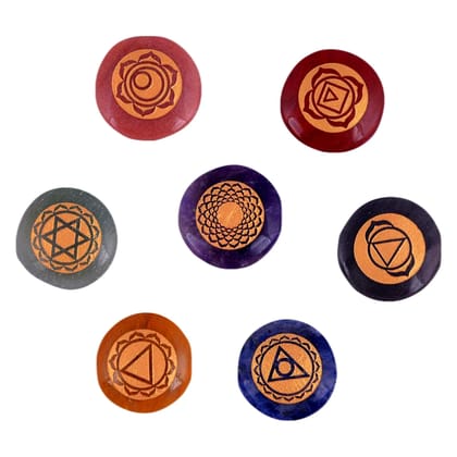 Seven Chakra Symbol Reiki Crystal Healing Set of 7 pcs with Box Reiki Engraved Natural Crystal Round Reiki Set(KI_05)  by Krishna Impex