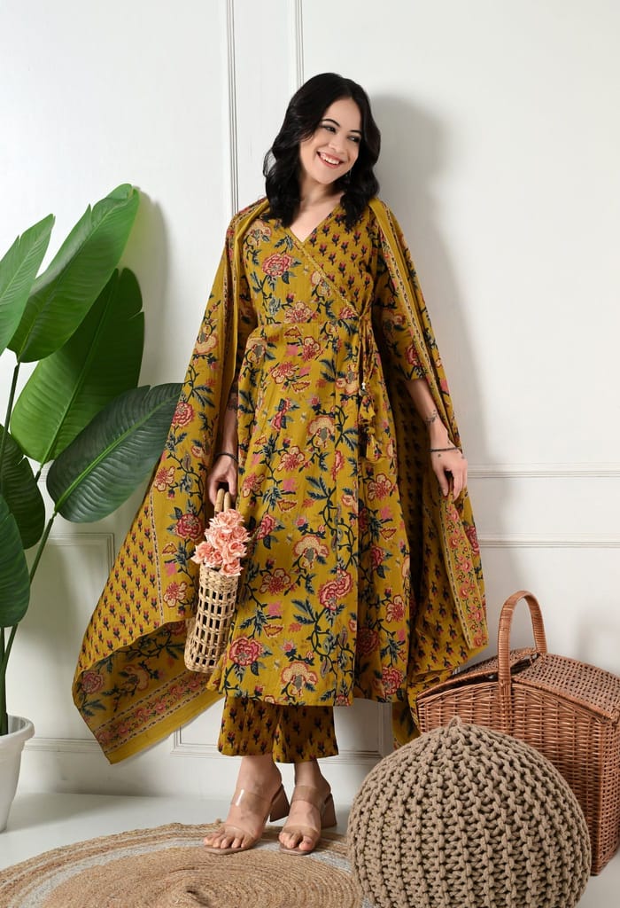 Angrakha Style Anarkali 12-Kali Kurta Set with Dupatta | Handcrafted with Elegant Badla Work