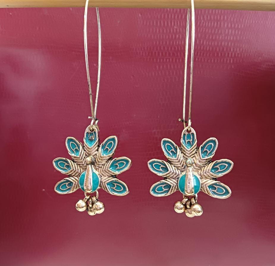 Gold Plated Long Hook Closure Hanging Peacock Enamel Artwork