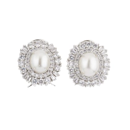Rhodium Plated Zircon & Pearl Studded Stud Earrings- VE301