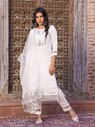 Beautiful  Viscose Chanderi Embroidered Straight Kurta with pant and dupatta sets-S
