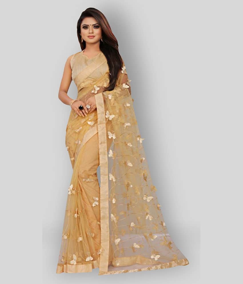 Gazal Fashions Net Applique Saree With Unstitched Blouse Piece ( Beige )