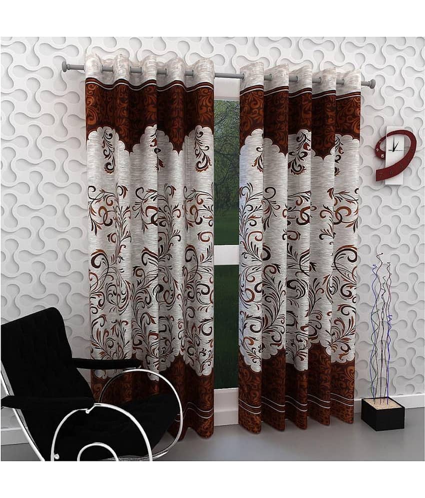 Phyto Home Floral Semi-Transparent Eyelet Door Curtain 7 ft Pack of 2 -Brown