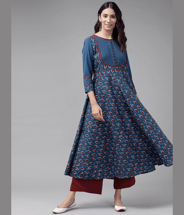 Yash Gallery - Blue Cotton Women's Flared Kurti ( Pack of 1 )