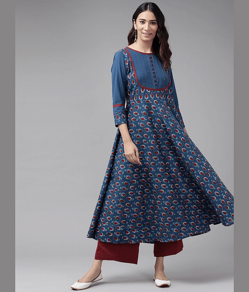 Yash Gallery - Blue Cotton Women's Flared Kurti ( Pack of 1 )