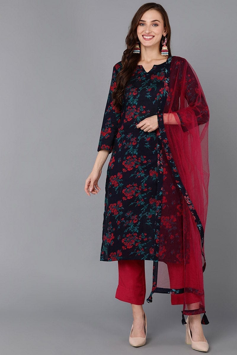 Navy Blue Cotton Blend Floral Straight Kurta Pant With Dupatta VKSKD1732