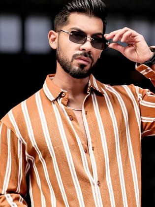 Terry Vertical Stripes Rust Full Sleeve Shirt-S