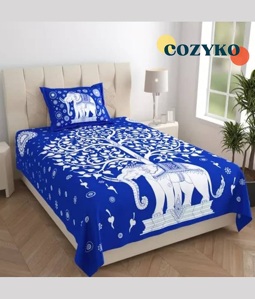 COZYKO Cotton 1 Single Bedsheet with 1 Pillow Cover ( Blue )