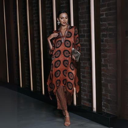 Maroon ajrakh modal silk kurta set with Embroidery and striped pants-XS