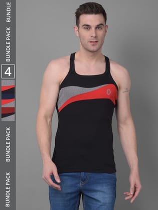 Men's Assorted Pack of 4 Solid Combed Cotton Racerback Styled Gym Vest Men's Assorted Pack of 4 Solid Combed Cotton Racerback Styled Gym Vest
