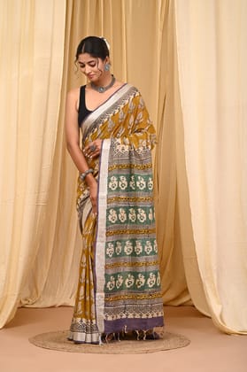 HAND BLOCK PRINTED COTTON LINEN SAREE WITH BLOUSE