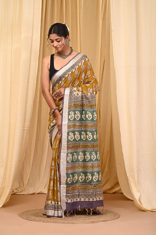 HAND BLOCK PRINTED COTTON LINEN SAREE WITH BLOUSE