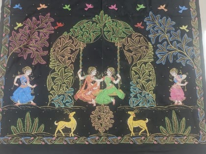 Mrigika Black Silk Patachitra Painted Saree with Blouse Piece