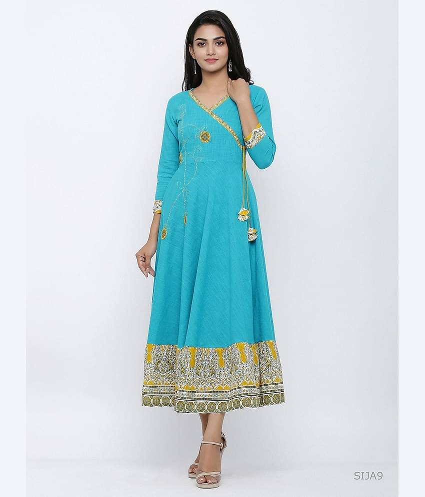 Yash Gallery Pack of 1 Cotton Embroidered Angrakha Women's Kurti - ( Green )