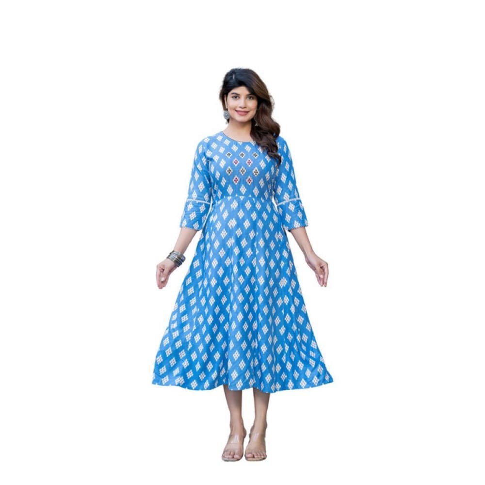 womens rayon print with embroidery work a line kurti sky blue pid63072