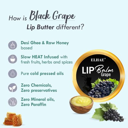 ELHAE Natural Lip Balm | Organic Oils, Desi Ghee & Glossy Finish in Grape Flavor| Deep Moisturizing Care & Lip Care � 30g