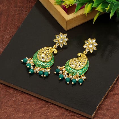 Green Color Meenakari Earrings-Earring Length: 7.50 CM x Width: 2.50 CM / Green / Alloy With Good Quality Gold Plated