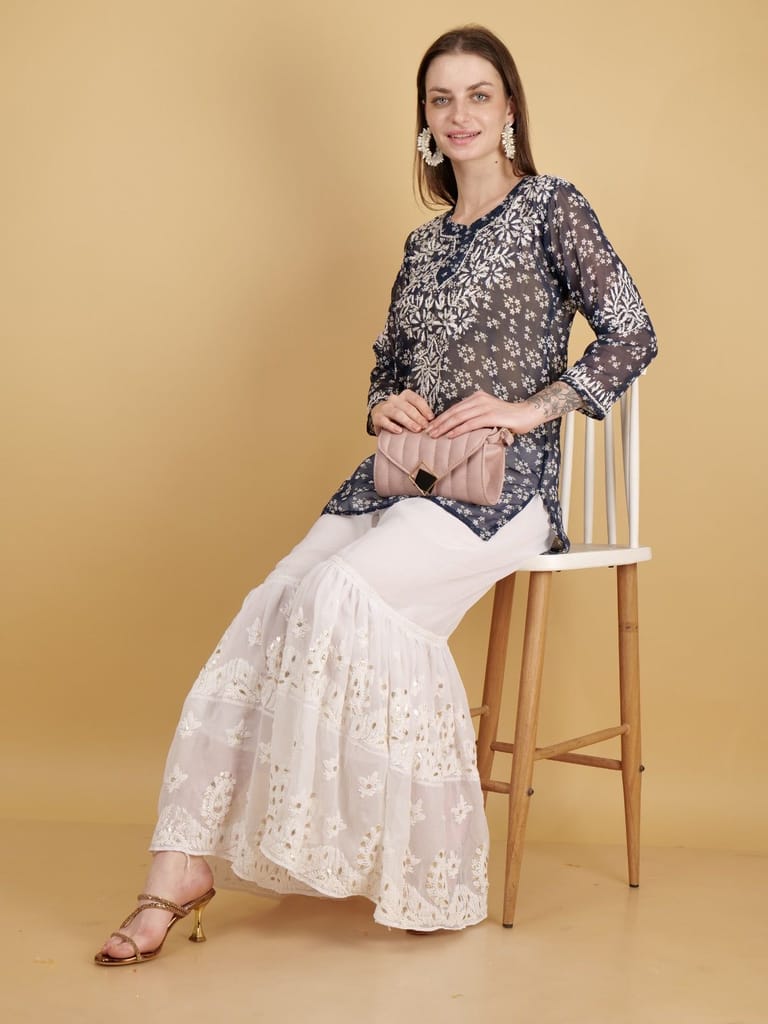 Hand Embroided Lucknow Chikankar Short Straight Georgette Kurta